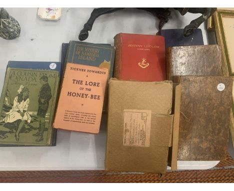 A QUANTITY OF VINTAGE HARDBACK BOOKS TO INCLUDE EMBROIDERY, THE LORE OF THE HONEY BEE, NAVAL RATINGS HANDBOOK, ETC 