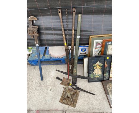 AN ASSORTMENT OF TOOLS TO INCLUDE A PICK AXE, BOLT CUTTERS AND AN AXEL STAND ETC 