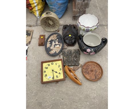 AN ASSORTMENT OF ITEMS TO INCLUDE CERAMIC JARDINAIRES, CARVED TREEN WALL PLAQUES AND A CLOCK ETC 