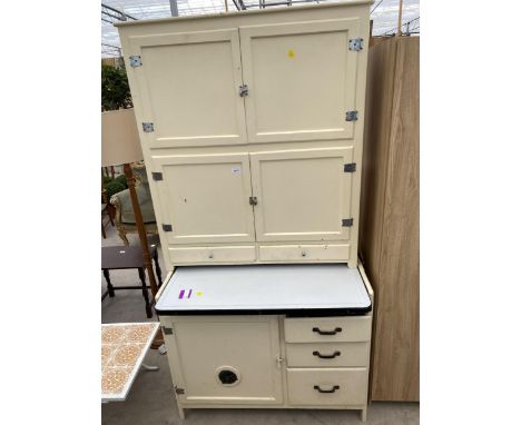 A 1950s/60s WHITE METAL KITCHEN CABINET WITH FIVE DOORS, THREE DRAWERS AND PULL OUT ENAMEL SLIDE 