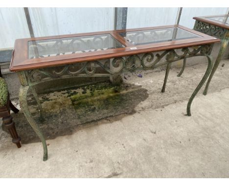 A MODERN HARDWOOD CONSOLE TABLE ON A METALWARE EFFECT BASE WITH INSET GLASS TOP 52 INCHES X 18 INCHES 