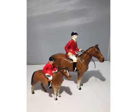 TWO HORSE RIDERS AND HORSES CERAMIC FIGURES (A/F PAINT WORN IN MULTIPLE PLACES) 