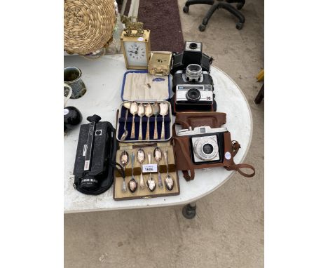 AN ASSORTMENT OF ITEMS TO INCLUDE BOXED TEASPOONS, MANTEL CLOCKS AND VINTAGE CAMERA EQUIPMENT ETC 
