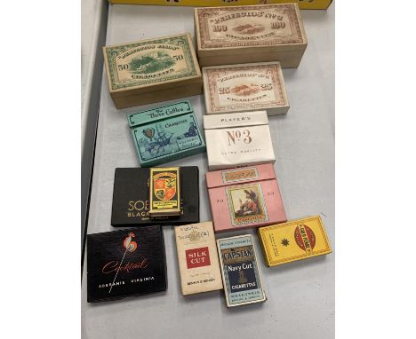 A COLLECTION OF VINTAGE CIGARETTE BOXES, SOME OF WHICH CONTAIN CIGARETTES 