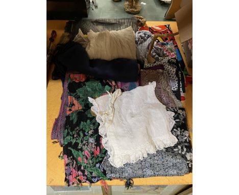 TWELVE VINTAGE SCARVES SOME BRANDED AND A VICTORIAN LACE NIGHTWEAR CASE 