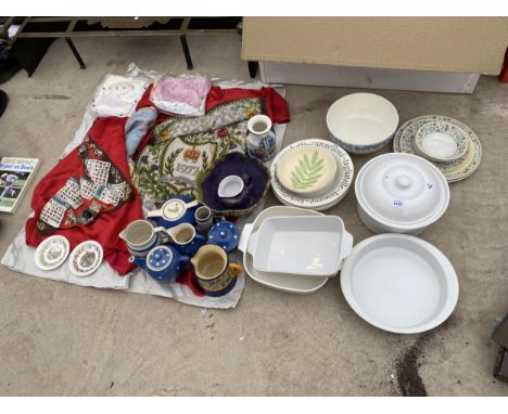 AN ASSORTMENT OF ITEMS TO INCLUDE CERAMIC PLATES, JUGS AND MATERIAL ETC 