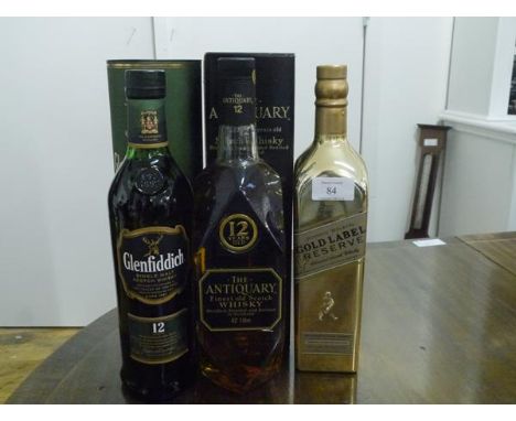 Three Scotch whiskies: Johnnie Walker Gold Label Reserve, limited edition bottle; Glenfiddich single malt, 12 years old, boxe