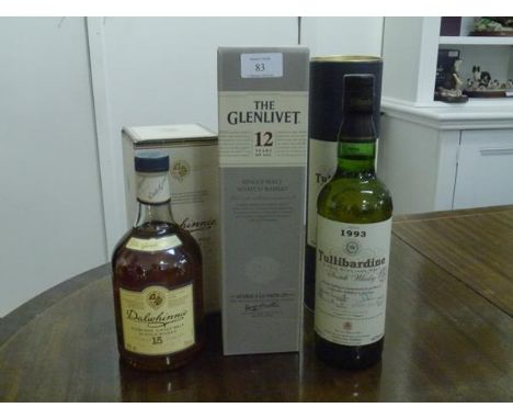 Three Scotch malt whiskies: Dalwhinnie single malt, 15 years old, boxed; Tullibardine, single malt, 1993, boxed; and Glenlive