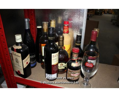 12 BOTTLES OF ALCOHOL INCLUDING DRAMBUIE, CLARET, VIEJO 1821 BRANDY JEREZ, BARON SAIT JEAN, ADVOCAAT, MUSCAT VIN DE LEQUEUR,S