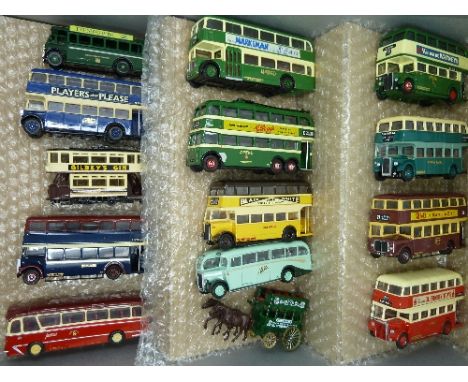 A set of thirteen Nottingham related model buses and trams, some Corgi and one Lledo carriage with horses, fourteen in total