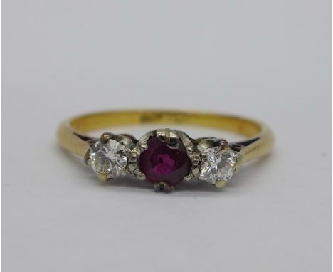An 18ct gold, diamond and ruby ring, weight 2.1g, size L