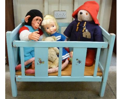 A Gabrielle Paddington Bear, a Chad Valley Jacko monkey, a Merrythought jointed mohair Teddy bear, a Looby Loo doll, and a Tr