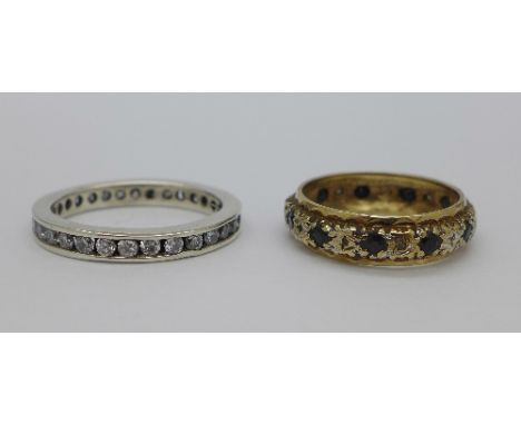 A 9ct gold, sapphire and diamond ring and a white metal eternity ring, total weight 5.3g, sizes K and O