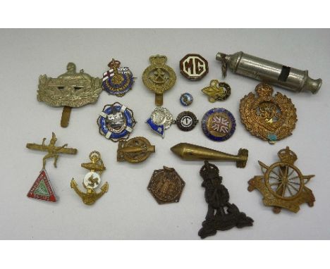 Regimental badges, Acme Scout whistle, enamel badges, etc.