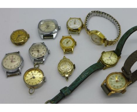 A lady's Cyma 18ct gold cased wristwatch lacking button and ten other wristwatches
