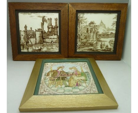 Three pictorial ceramic tiles, framed