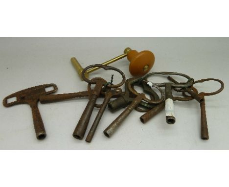 Twelve assorted clock keys, for mantel, carriage and longcase clocks