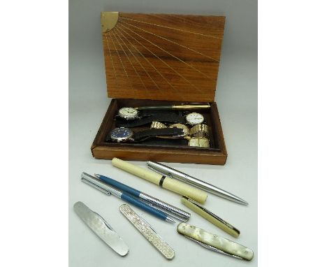 Five gentleman's wristwatches including Technos and Rotary, Papermate pens and penknives, etc.