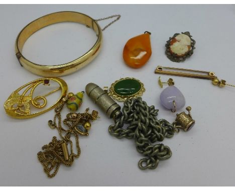 A rolled gold bangle, jewellery, etc.