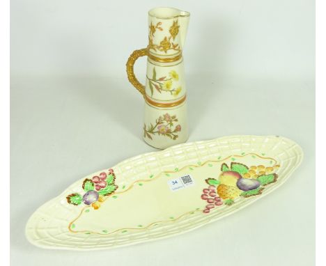 Royal Worcester tall ivory blush jug No.1047 painted flowers H20.5cm and a Clarice Cliff Fruit basket design plate (2)   Cond