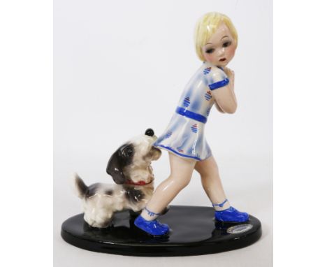Goldscheider Art Deco figure of a young girl playing with dog by Claire Weiss, printed factory marks and impressed 6853 82 20