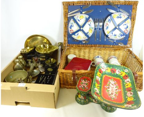 Set of painted kitchen scales, another pair, coffee grinder, brass thermometer, wicker picnic basket and other metalware in o