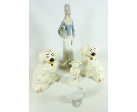 Pair of Beswick Staffordshire type dogs, Goebel choir boy, Lladro duck and a Valencia figurine with duck (5)   Condition Repo