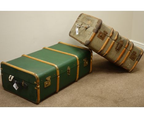 20th century wooden and leather bound travelling trunk and another trunk   Condition Report   Click here for further images, 
