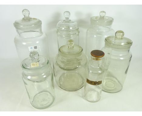 Seven Vintage glass storage jars, one with later lid H36cm of tallest,  (7)   Condition Report   Click here for further image