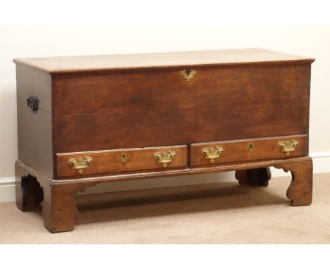 Late 18th century oak mule chest, hinged lid, two drawers, on tall bracket feet, W138cm, H75cm, D55cm   Condition Report   Cl