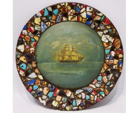 'HM Frigate Vindictive' - Ships Portrait, oil on convex tin in ceramic mosaic frame D. 50cm   Condition Report   Click here f