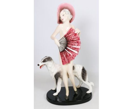 Goldscheider Art Deco figure of a female nude with Borzoi by Josef Lorenzl, printed factory marks and impressed 7722 130 6, H