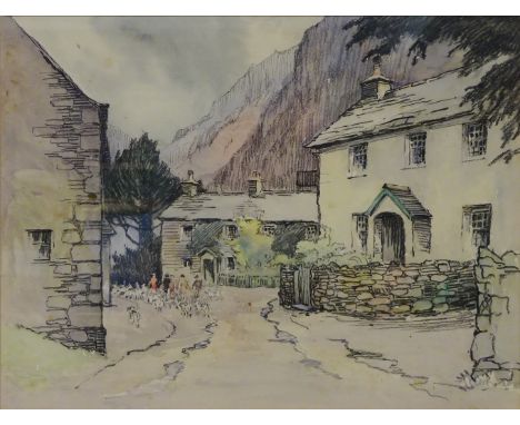 Pack of Hounds Walking Through a Village, watercolour and pastel by Elsie K S Powell (British 1895-1965) unsigned 27.5cm x 36