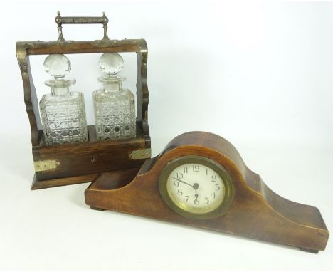 Early 20th Century three bottle oak Tantalus with silver plated mounts H36cm and an early 20th Century beech wood mantle cloc