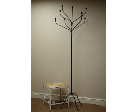 Wrought metal multi-branch floor lamp and a wrought metal table with tiled top   Condition Report   Click here for further im