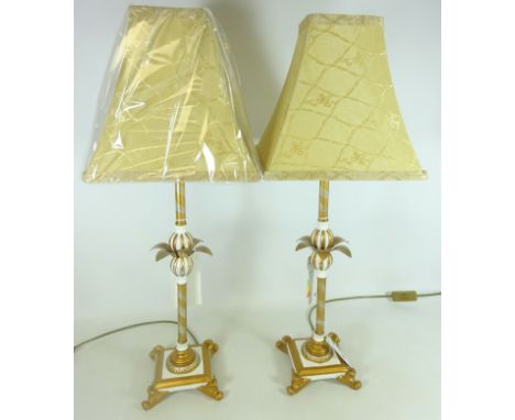 Pair of gilt table lamps with palm leaf decoration on scroll feet, as new H65cm (2) (This item is PAT tested - 5 day warranty