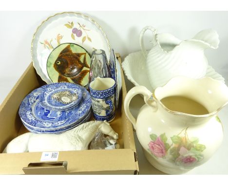 Set of seven Spode Italian dinner plates and two saucers, early 20th Century blue and white jug, Art glass lamp base, Puigdem