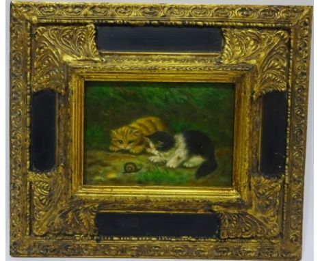 Kittens Playing with a Snail, overpainted print on canvas unsigned 10.5cm x 16.5cm   Condition Report   Click here for furthe