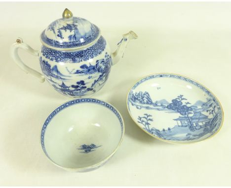 19th Century Chinese blue and white teapot and similar tea bowl and saucer (3)   Condition Report  The teapot lid has some ve