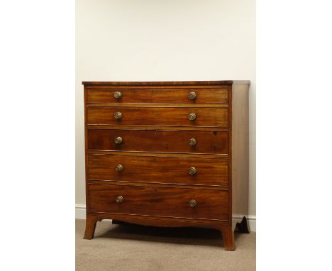 Early 19th century mahogany secretaire chest, fall front drawer with baize lined interior, above three drawers, shaped apron 