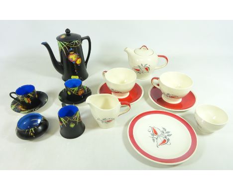 Crown Ducal 'Chinese Lantern' coffee set for two and a Wade 'Gayday' pattern tea for two    Condition Report   Click here for