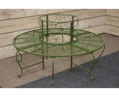 Wrought metal antique green finish circular tree bench, D139cm, H78cm (Internal D57cm)   Condition Report   Click here for fu