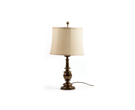 A BRASS TABLE LAMP
With shade, working
70cm high
Condition: Minor signs of wear commensurate with age and use, some stains to