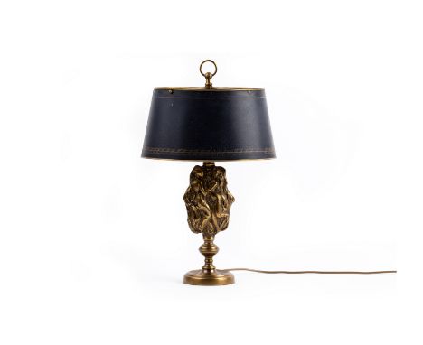 A BRASS FIGURAL TABLE LAMP
With green painted metal shade with laurel border, the base cast as draped female nudes, working c