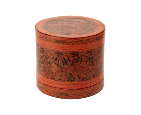 A VINTAGE BURMESE BETEL NUT CONTAINER, OR KUN-YIT
Decorated in the court style with figures and inscriptions
From Isan Galler