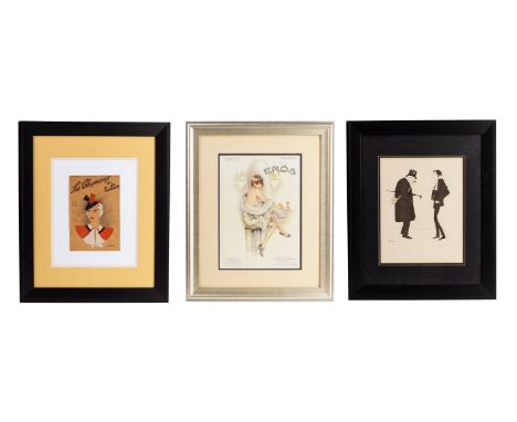 THREE VINTAGE ILLUSTRATIONS
An advertisement for Eros, depicting a semi-clad woman on a bar stool; A lady in a red and black 