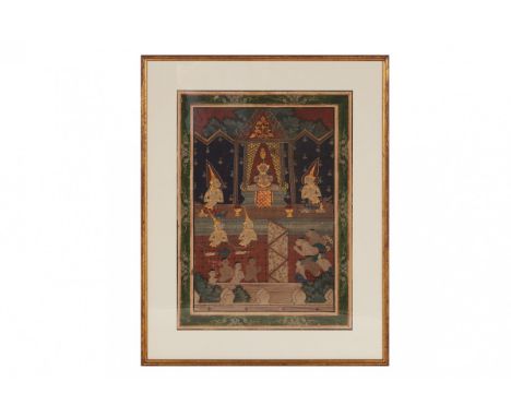 AN ANTIQUE THAI BUDDHIST ILLUSTRATION
Rattanakosin Period 1782-1932
Watercolour and ink, depicting a scene of Buddha's life w