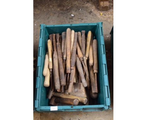 Large box of mixed chisels and other woodworking tools