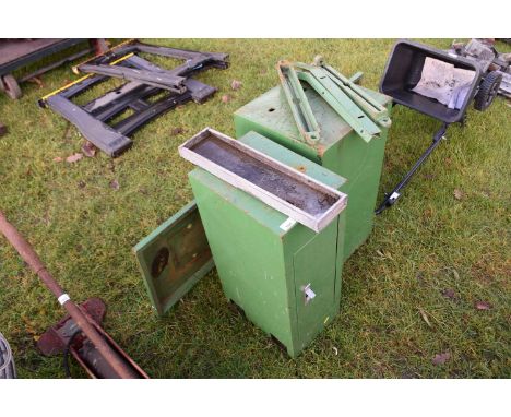 A sectional iron two cabinet tool box, possibly formerly tractor attached, in John Deere green