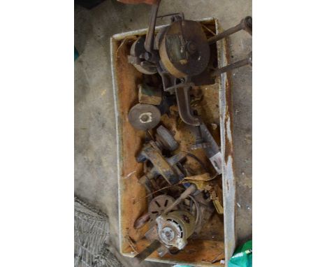 Metal box containing bench grinder, and other items